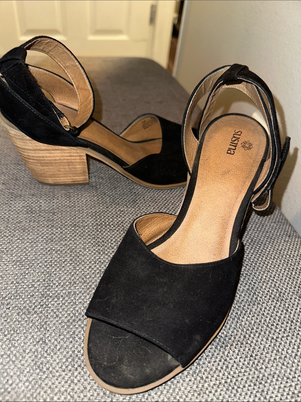 Susina Black Suede Open Toe Block Heel Sandals with Ankle Strap